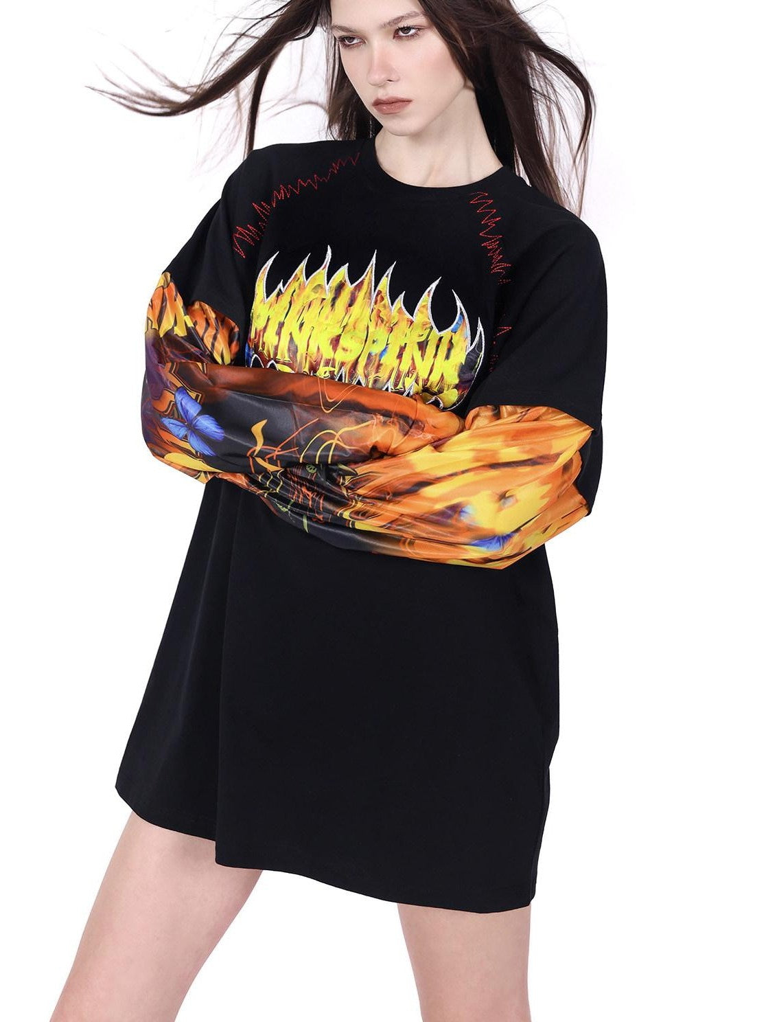 PINKSPINK Flame Cat Print Embroidered Patchwork Women's Long Sleeve T-shirts