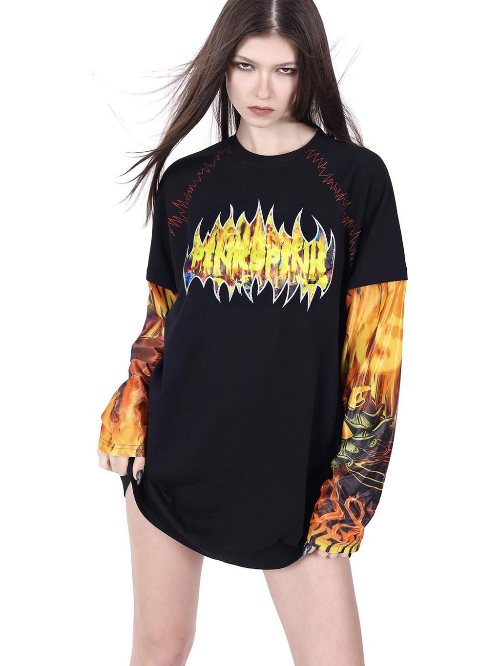 PINKSPINK Flame Cat Print Embroidered Patchwork Women's Long Sleeve T-shirts