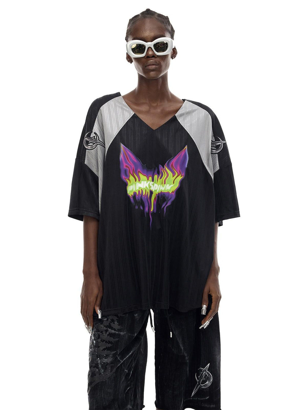 PINKSPINK Flame Cat Rebuilt Punk Embroidered Patchwork Print Women's Oversized T-shirts