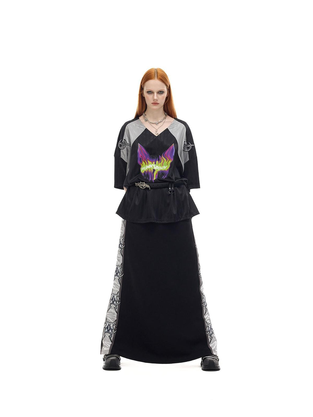 PINKSPINK Flame Cat Rebuilt Punk Embroidered Patchwork Print Women's Oversized T-shirts