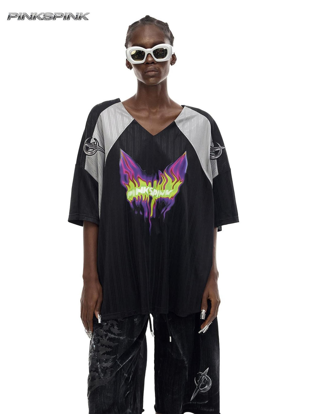 PINKSPINK Flame Cat Rebuilt Punk Embroidered Patchwork Print Women's Oversized T-shirts