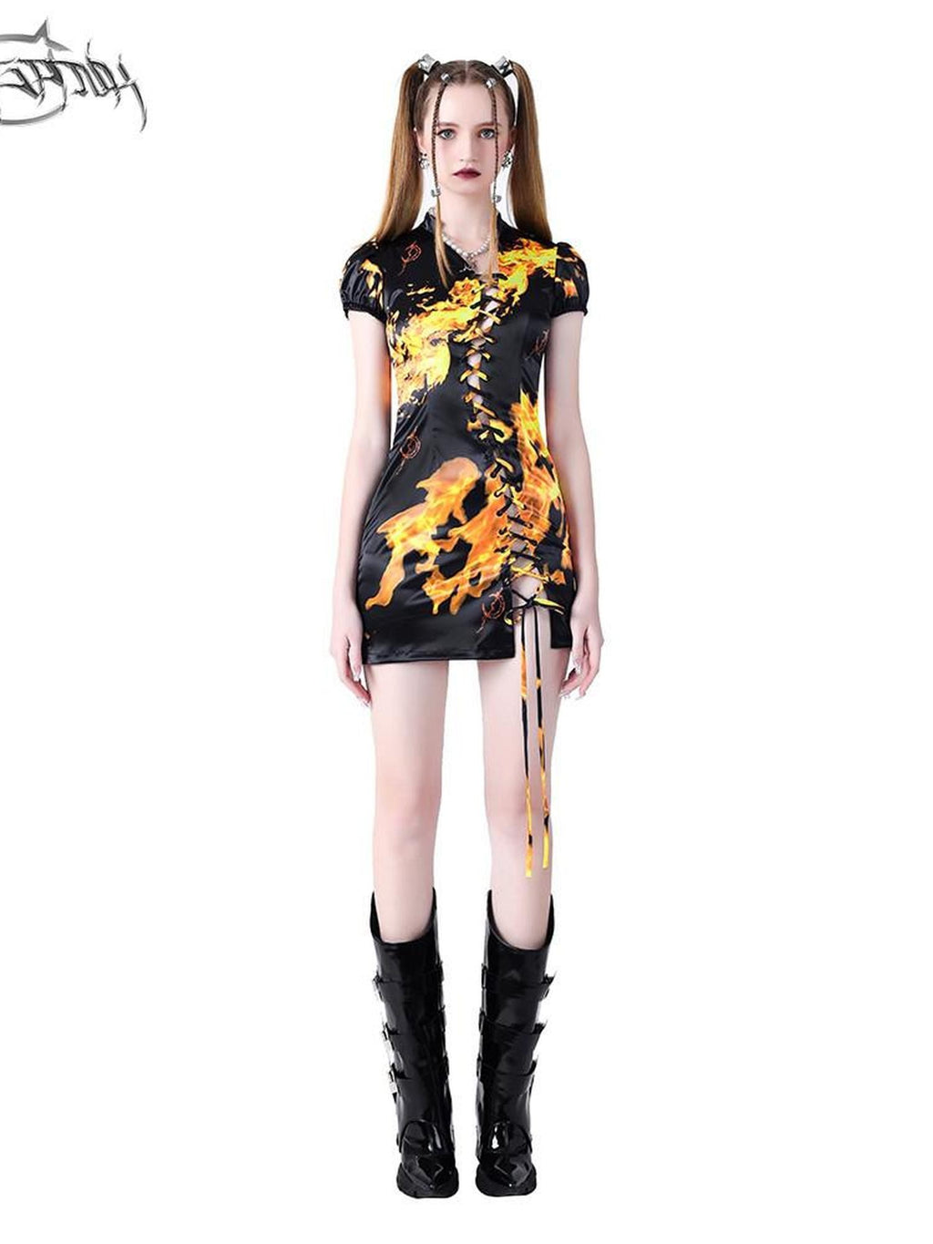 PINKSPINK Flame Cutout Lace Up Stand Collar A Line Women's Cheongsam Dresses