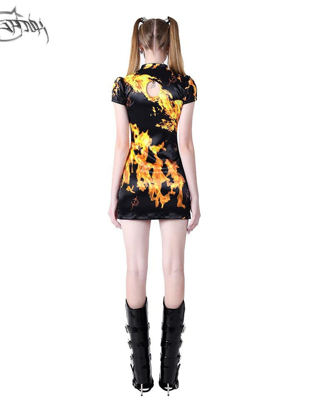 PINKSPINK Flame Cutout Lace Up Stand Collar A Line Women's Cheongsam Dresses