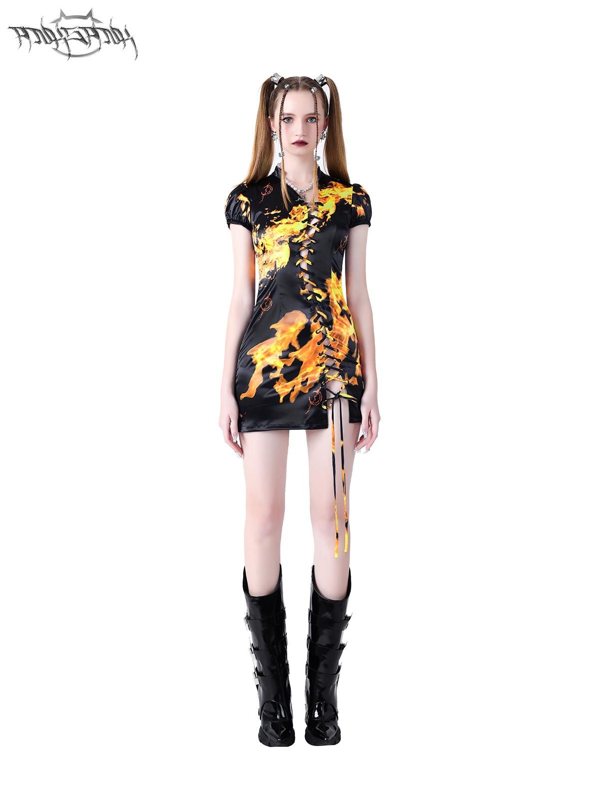 PINKSPINK Flame Cutout Lace Up Stand Collar A Line Women's Cheongsam Dresses