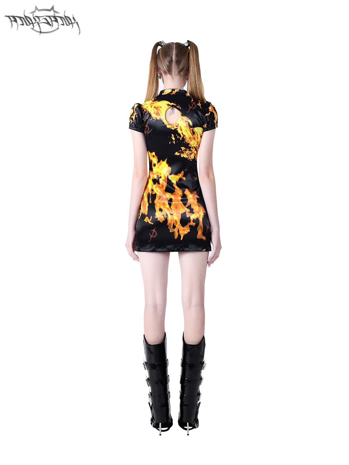 PINKSPINK Flame Cutout Lace Up Stand Collar A Line Women's Cheongsam Dresses