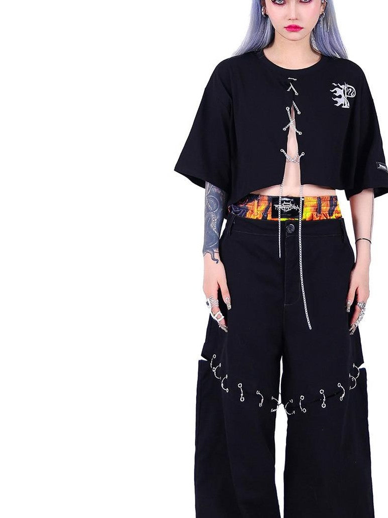 PINKSPINK Flame Double Waistband Detachable Ring Women's Black Straight-leg Pants