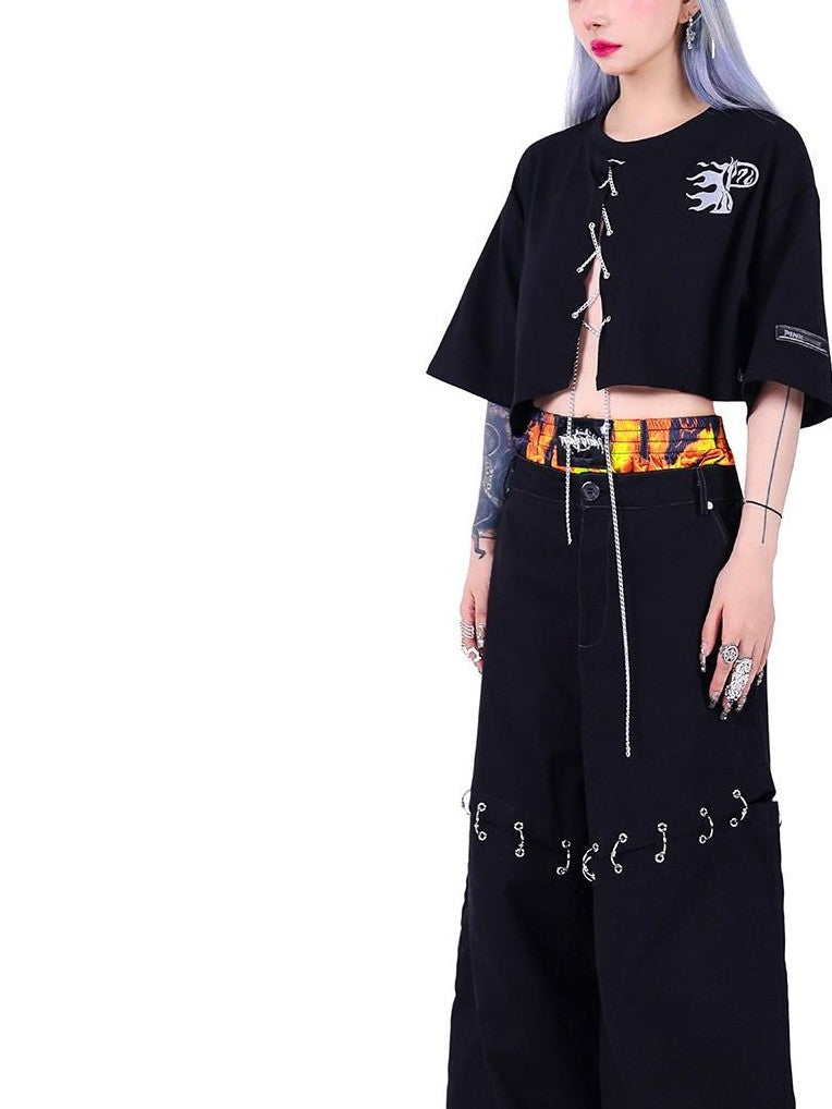PINKSPINK Flame Double Waistband Detachable Ring Women's Black Straight-leg Pants