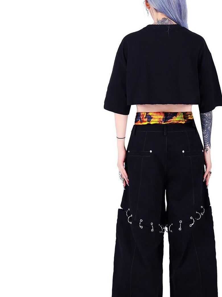 PINKSPINK Flame Double Waistband Detachable Ring Women's Black Straight-leg Pants