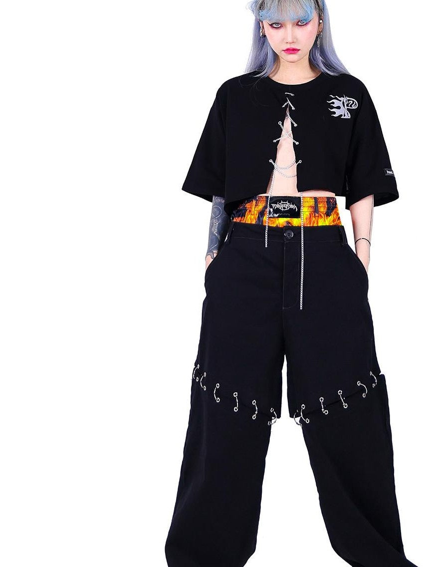PINKSPINK Flame Double Waistband Detachable Ring Women's Black Straight-leg Pants