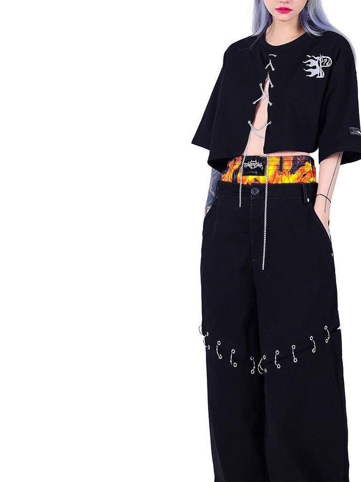 PINKSPINK Flame Double Waistband Detachable Ring Women's Black Straight-leg Pants