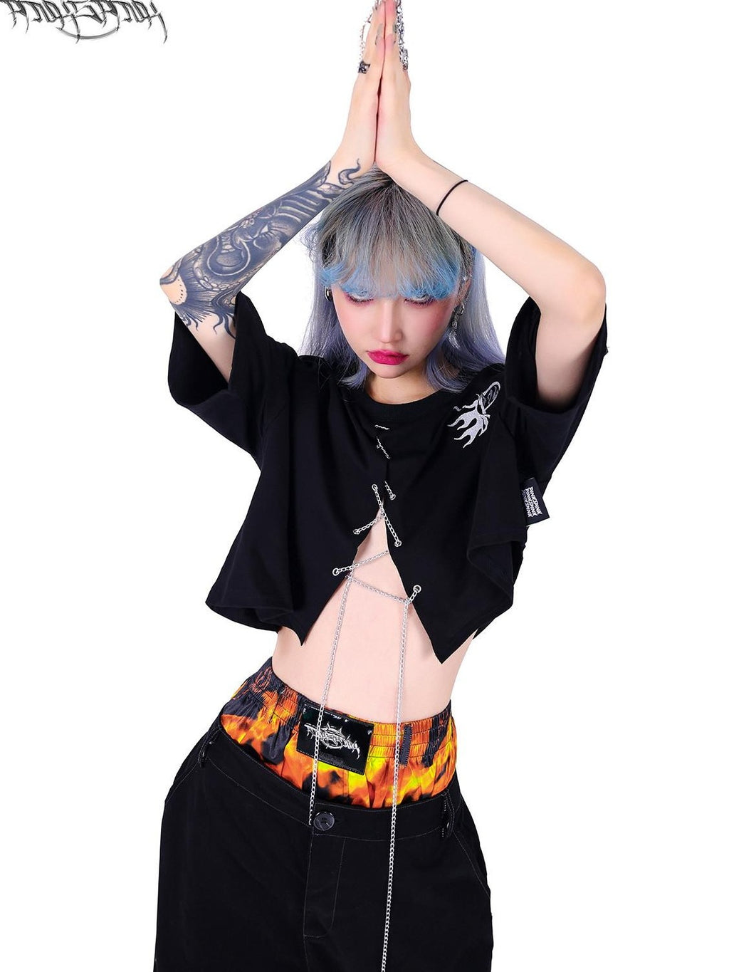 PINKSPINK Flame Double Waistband Detachable Ring Women's Black Straight-leg Pants