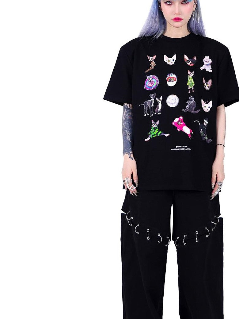 PINKSPINK Flame Double Waistband Detachable Ring Women's Black Straight-leg Pants
