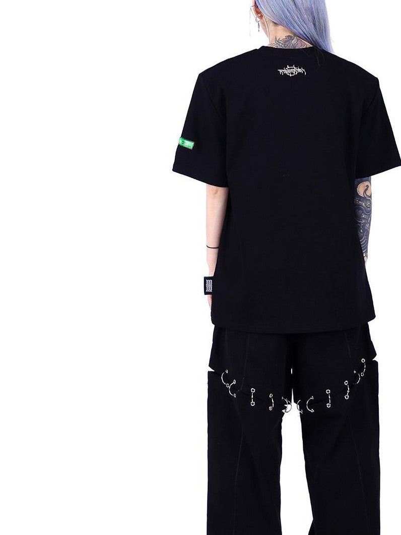 PINKSPINK Flame Double Waistband Detachable Ring Women's Black Straight-leg Pants