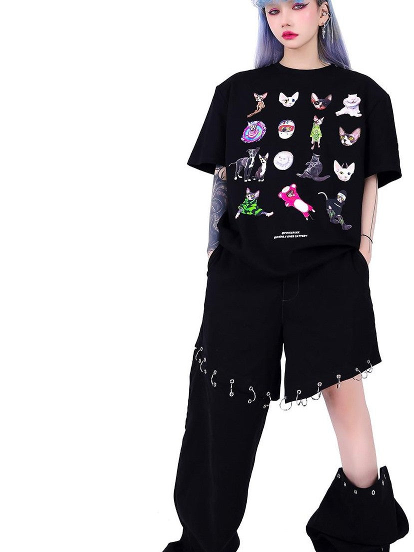 PINKSPINK Flame Double Waistband Detachable Ring Women's Black Straight-leg Pants