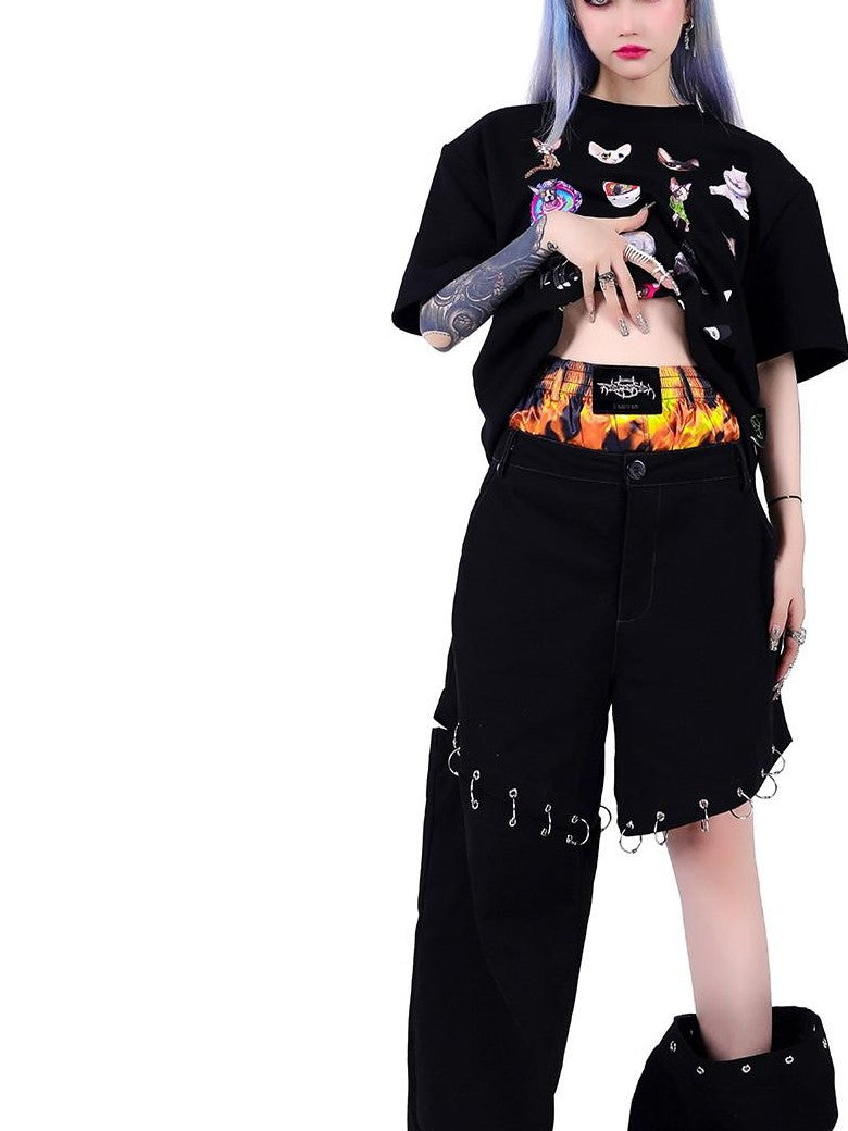 PINKSPINK Flame Double Waistband Detachable Ring Women's Black Straight-leg Pants