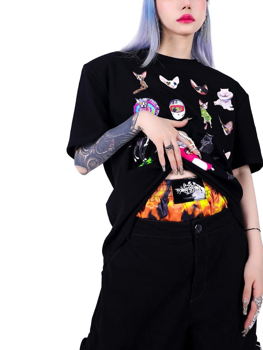 PINKSPINK Flame Double Waistband Detachable Ring Women's Black Straight-leg Pants