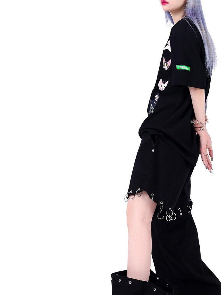 PINKSPINK Flame Double Waistband Detachable Ring Women's Black Straight-leg Pants