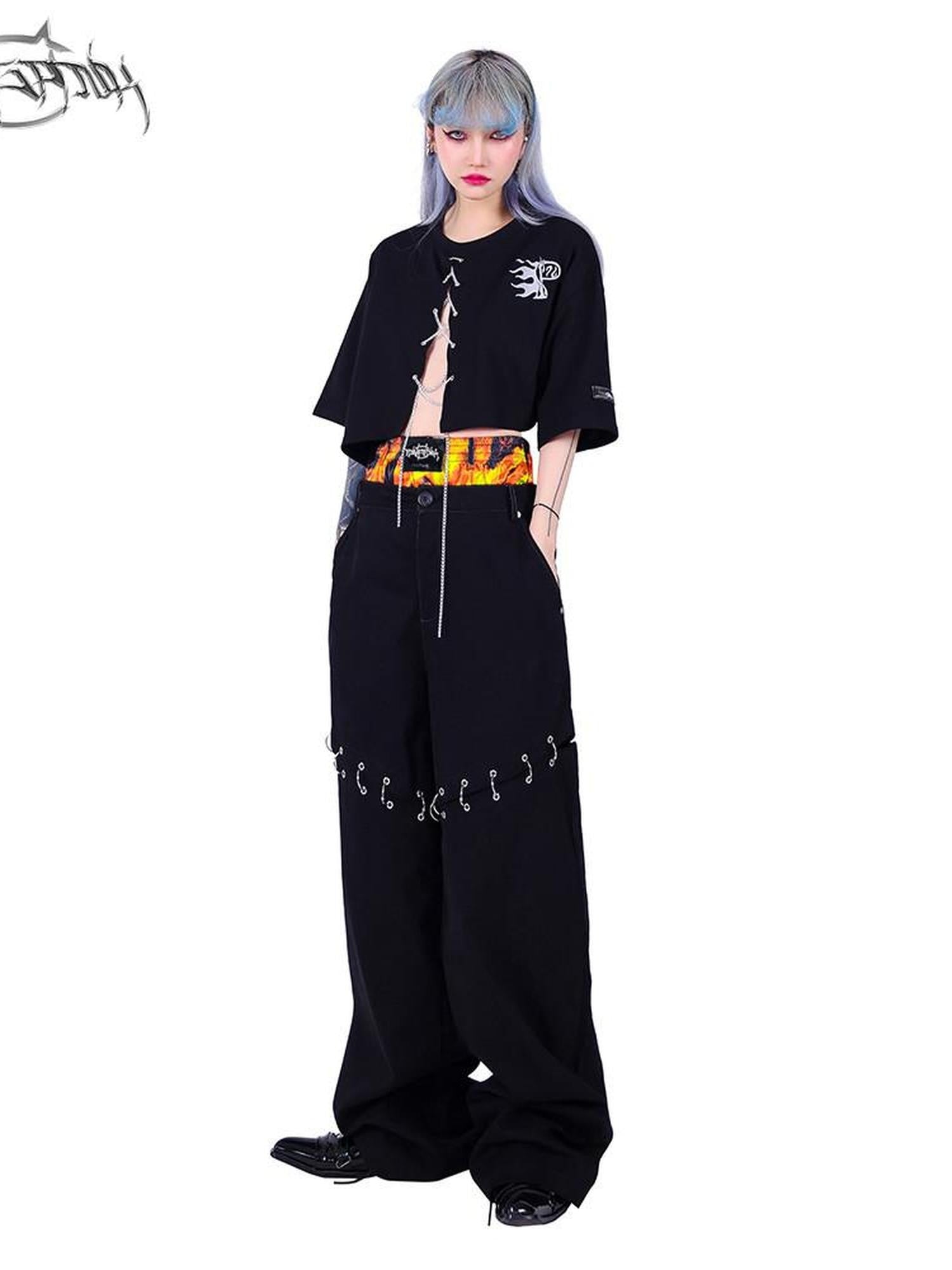 PINKSPINK Flame Double Waistband Detachable Ring Women's Black Straight-leg Pants
