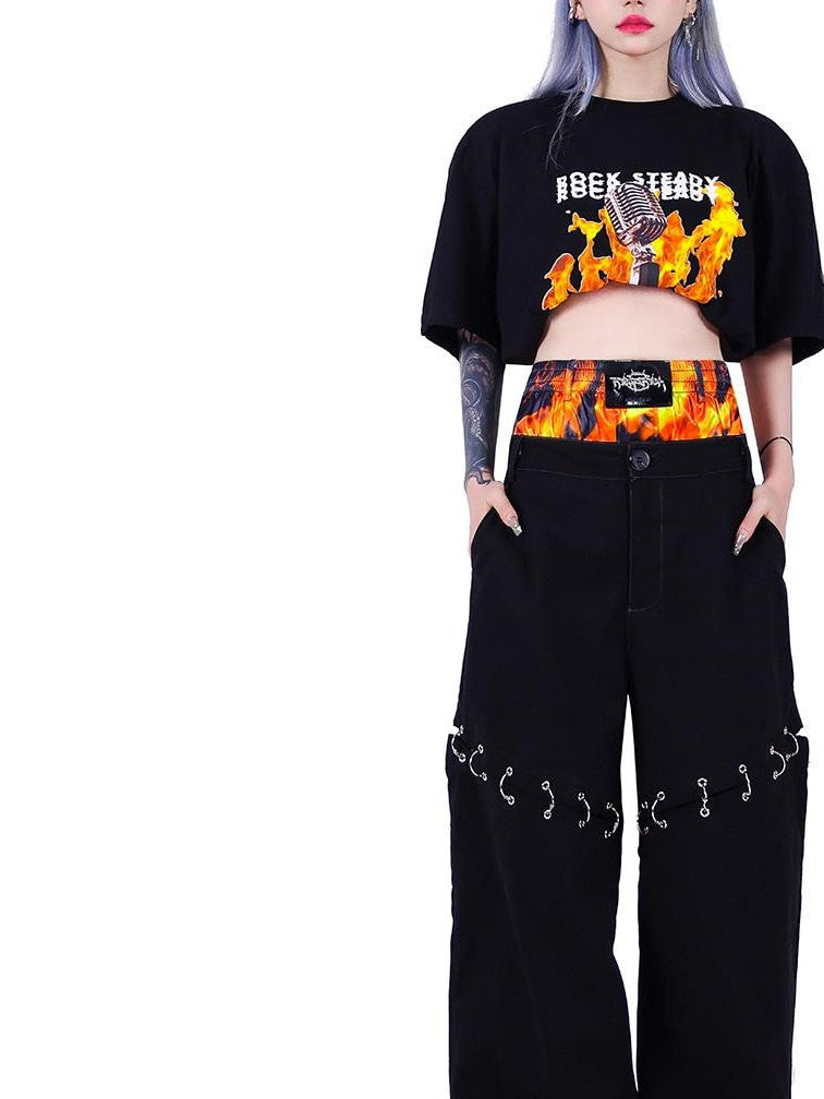 PINKSPINK Flame Double Waistband Detachable Ring Women's Black Straight-leg Pants