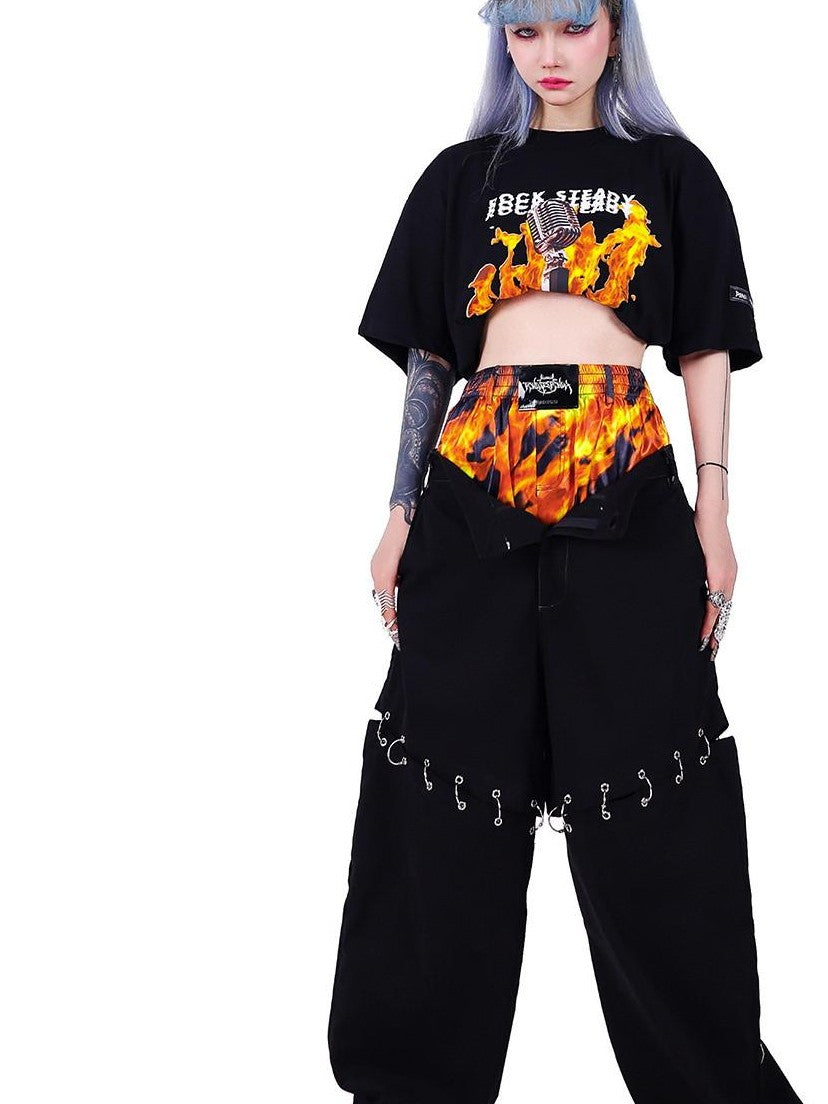 PINKSPINK Flame Double Waistband Detachable Ring Women's Black Straight-leg Pants