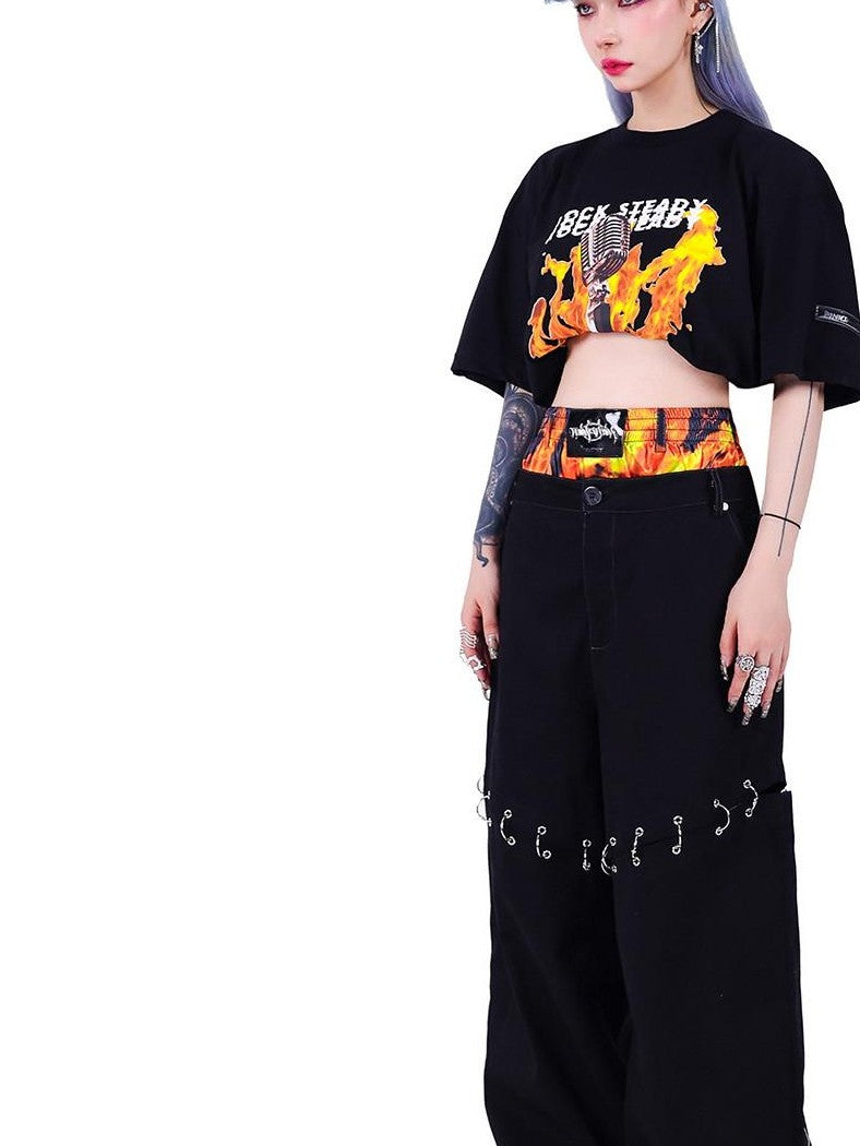 PINKSPINK Flame Double Waistband Detachable Ring Women's Black Straight-leg Pants