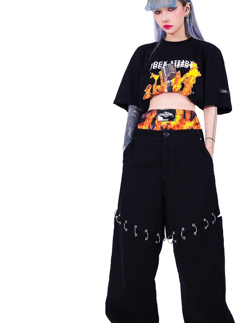 PINKSPINK Flame Double Waistband Detachable Ring Women's Black Straight-leg Pants