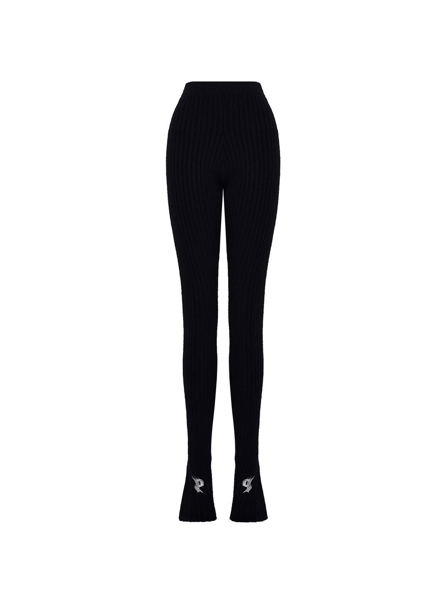 PINKSPINK Flame Embroidery Asymmetrical Micro Flare Knit Women's Fleece Lined Yarn Leggings