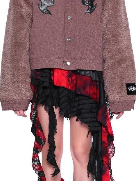 PINKSPINK Flame Embroidery Leopard Patchwork Fur Sleeves Women's Cotton Denim Jackets
