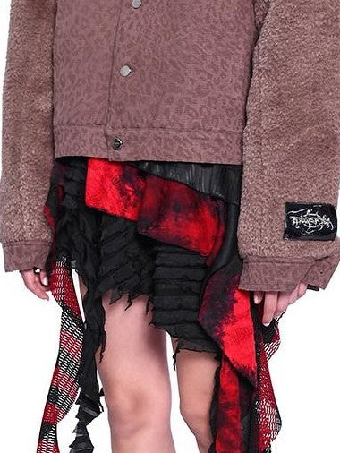 PINKSPINK Flame Embroidery Leopard Patchwork Fur Sleeves Women's Cotton Denim Jackets