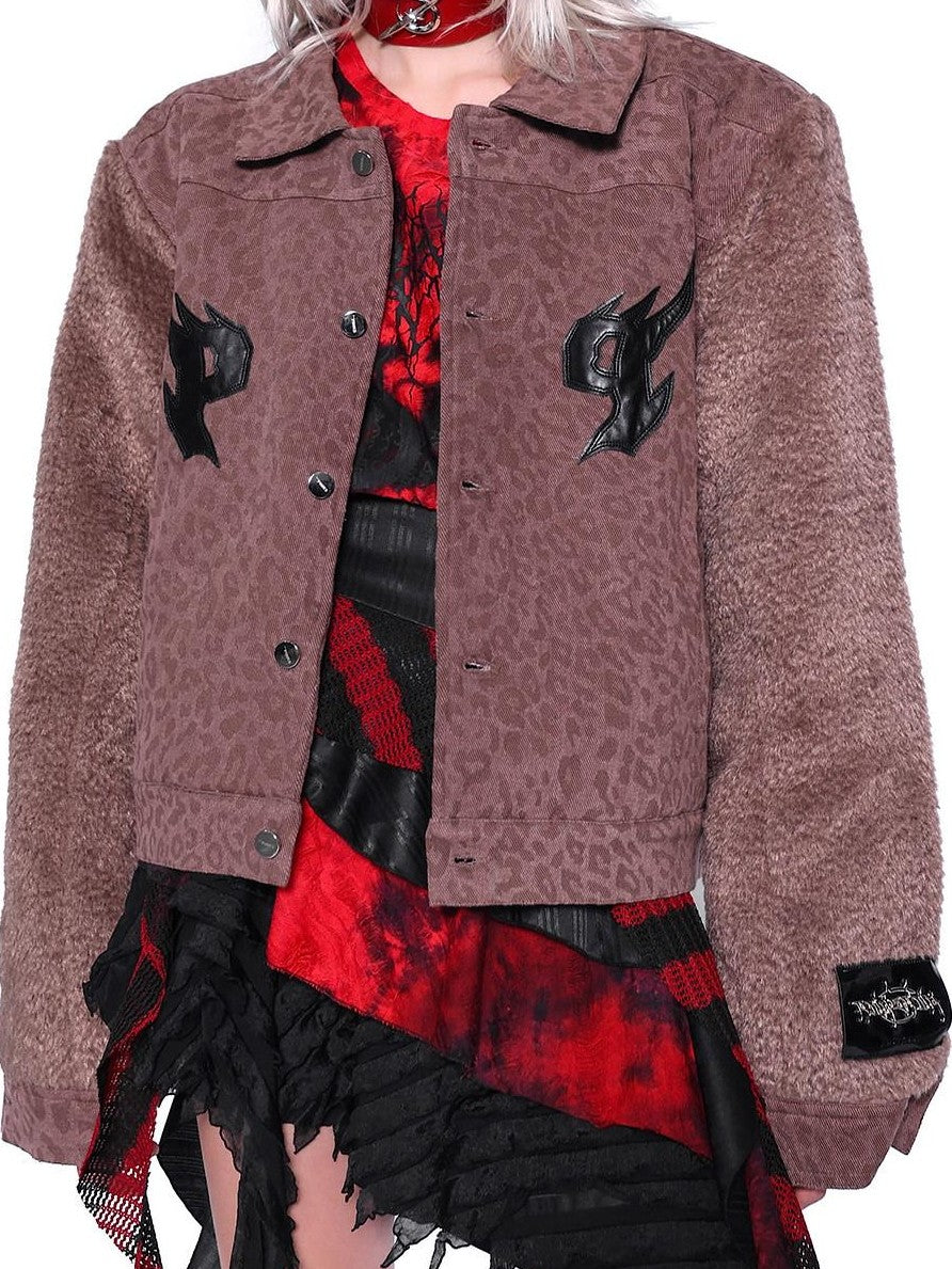 PINKSPINK Flame Embroidery Leopard Patchwork Fur Sleeves Women's Cotton Denim Jackets