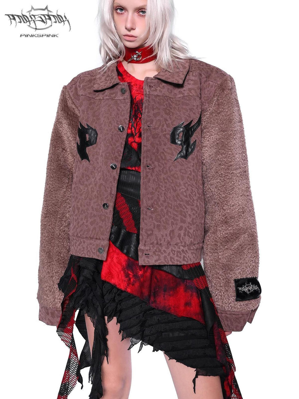 PINKSPINK Flame Embroidery Leopard Patchwork Fur Sleeves Women's Cotton Denim Jackets