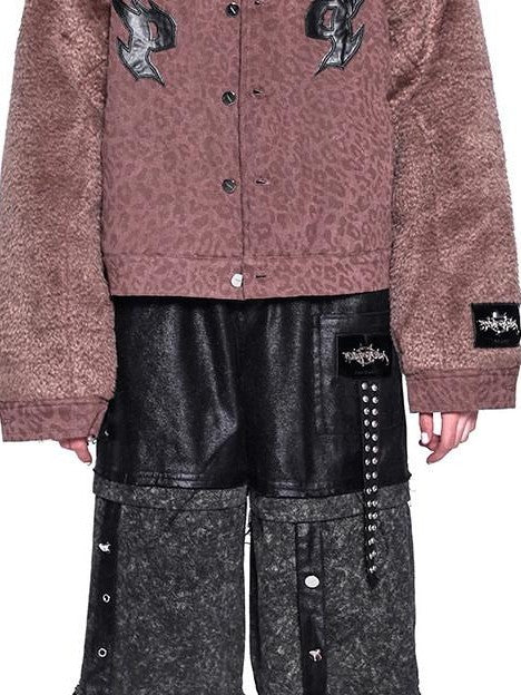 PINKSPINK Flame Embroidery Leopard Patchwork Fur Sleeves Women's Cotton Denim Jackets