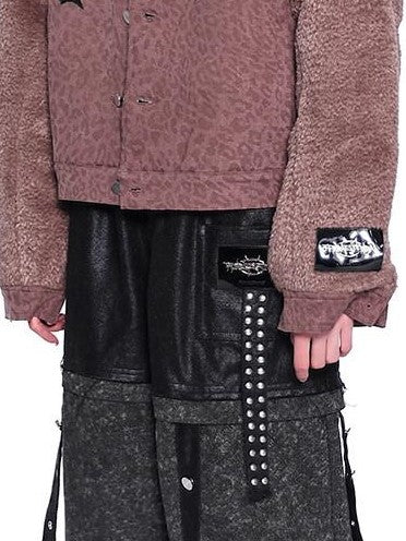 PINKSPINK Flame Embroidery Leopard Patchwork Fur Sleeves Women's Cotton Denim Jackets