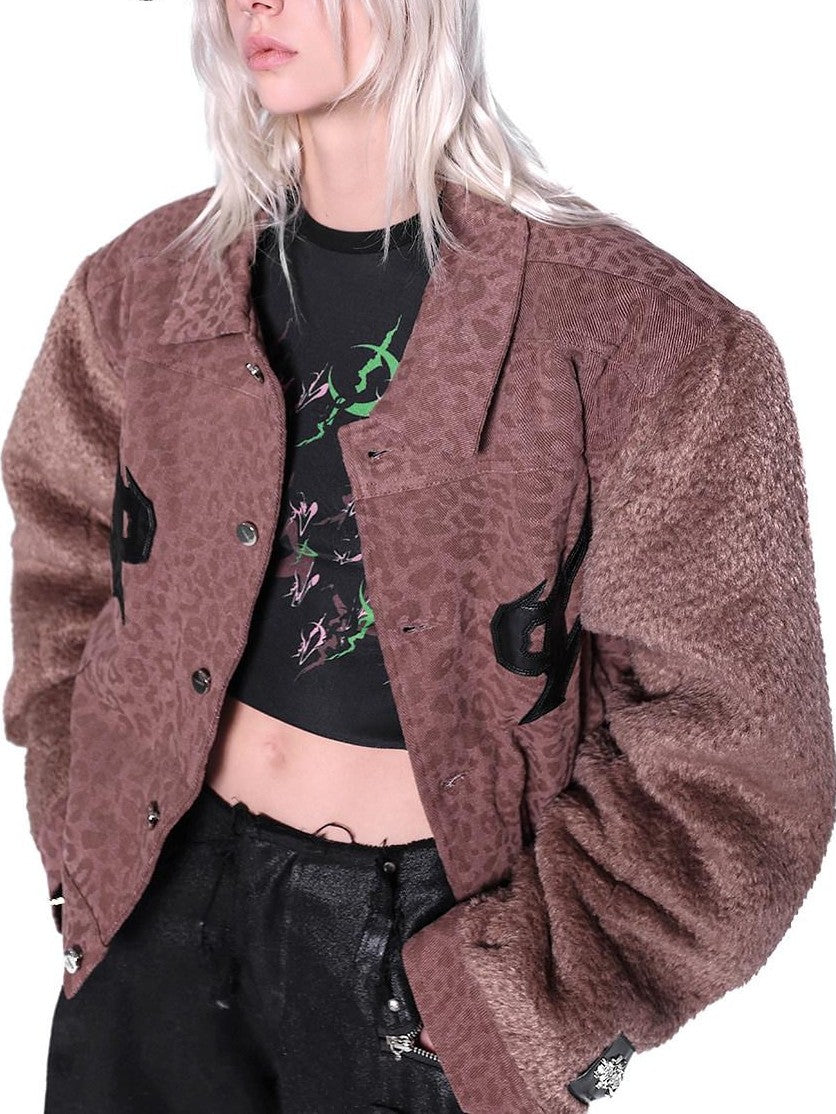 PINKSPINK Flame Embroidery Leopard Patchwork Fur Sleeves Women's Cotton Denim Jackets