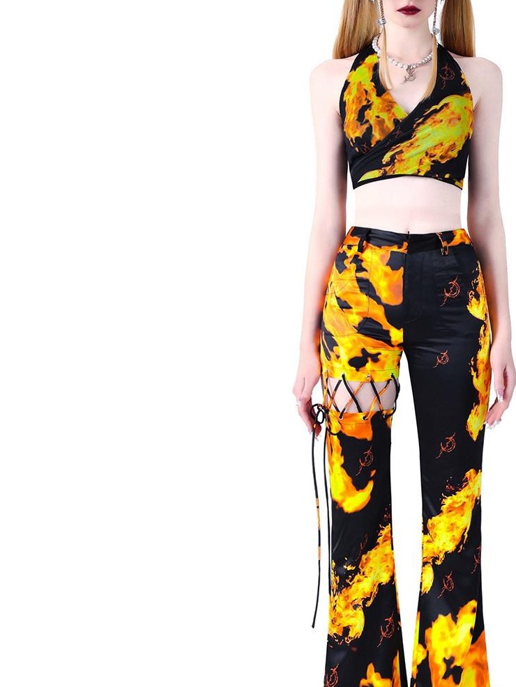 PINKSPINK Flame Handpainted 3d Cropped Short Slim Women's Other Fabric Halter Tops