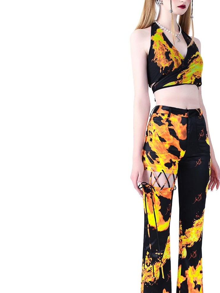 PINKSPINK Flame Handpainted 3d Cropped Short Slim Women's Other Fabric Halter Tops