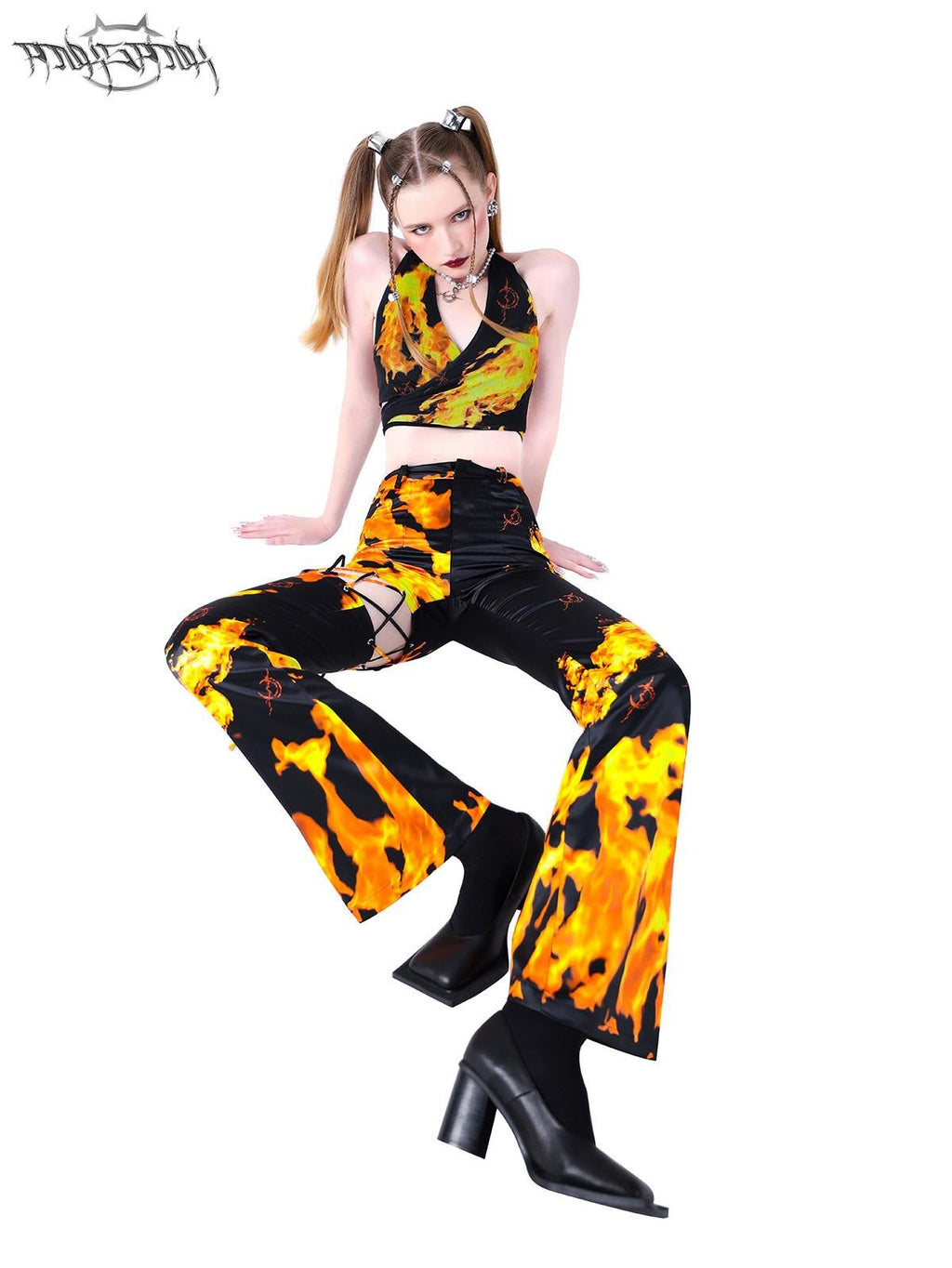 PINKSPINK Flame Lace Up Cutout Asymmetric Detachable Women's Bootcut Pants