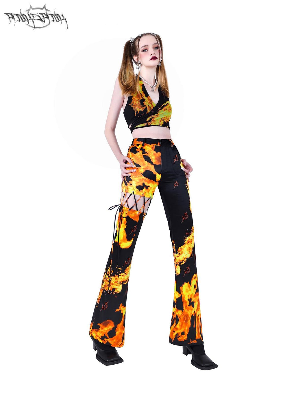 PINKSPINK Flame Lace Up Cutout Asymmetric Detachable Women's Bootcut Pants