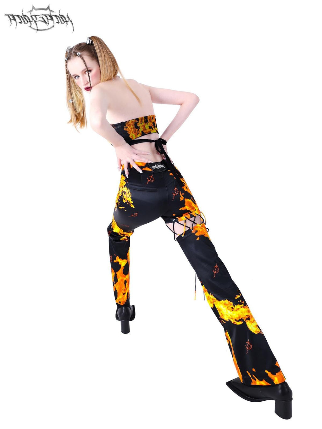 PINKSPINK Flame Lace Up Cutout Asymmetric Detachable Women's Bootcut Pants