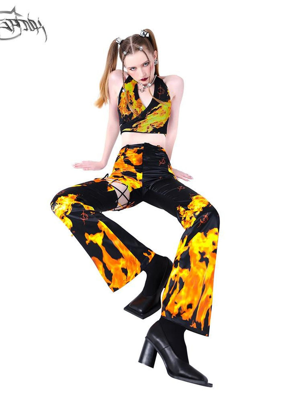 PINKSPINK Flame Lace Up Cutout Asymmetric Detachable Women's Bootcut Pants