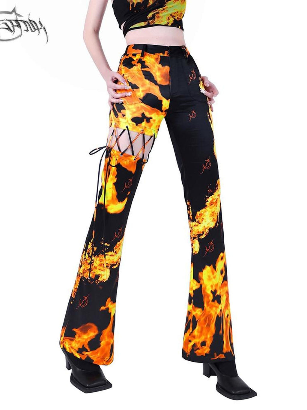 PINKSPINK Flame Lace Up Cutout Asymmetric Tailored Women's Stretch Bootcut Pants