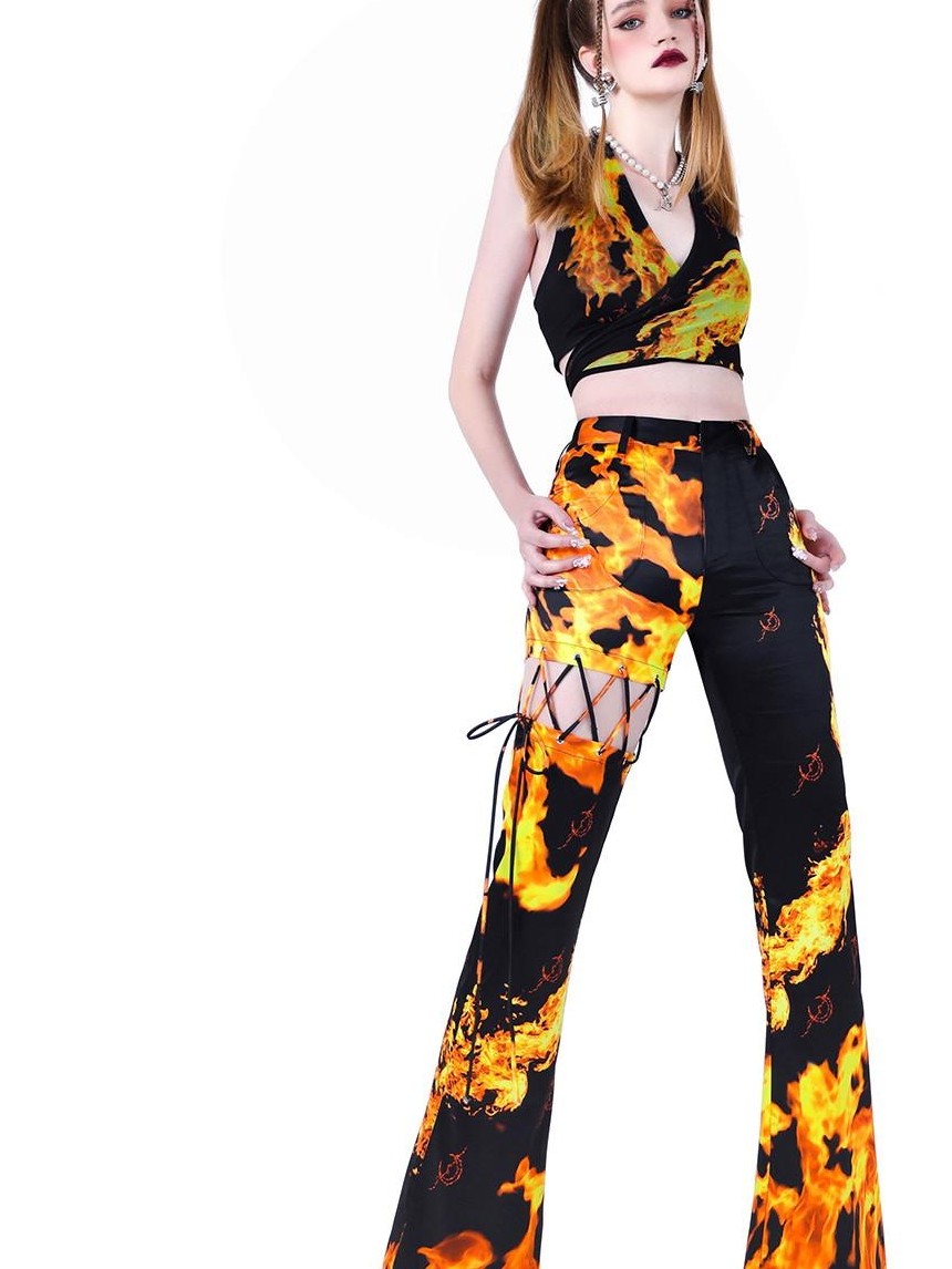 PINKSPINK Flame Lace Up Cutout Asymmetric Tailored Women's Stretch Bootcut Pants