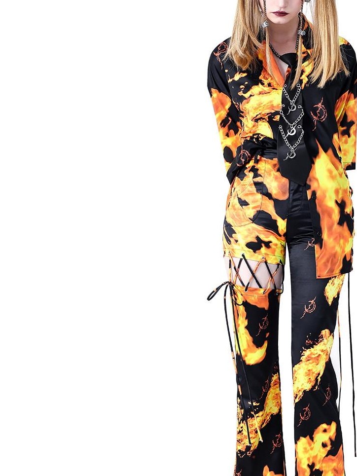 PINKSPINK Flame Lace Up Cutout Asymmetric Tailored Women's Stretch Bootcut Pants