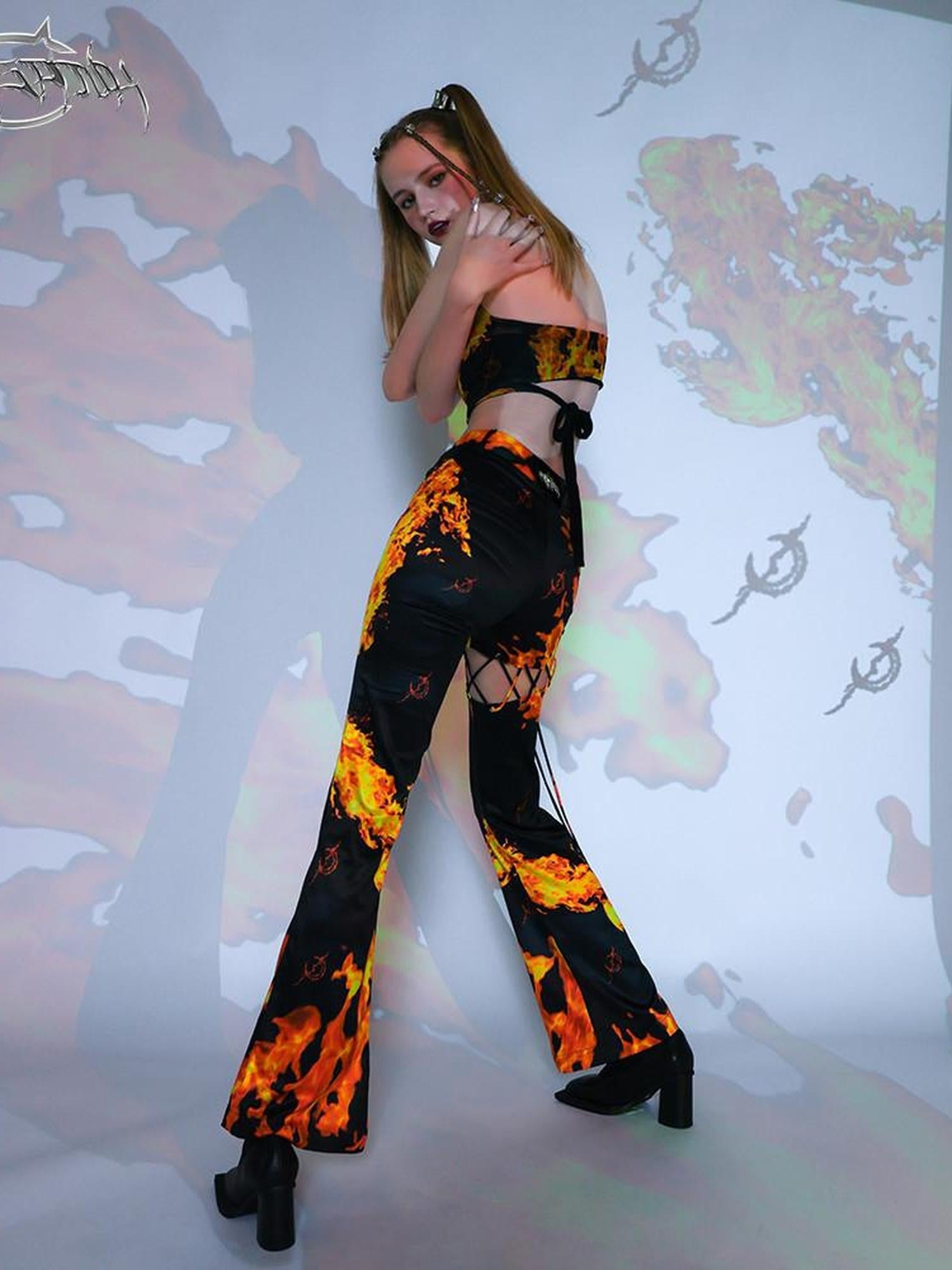 PINKSPINK Flame Lace Up Cutout Asymmetric Tailored Women's Stretch Bootcut Pants