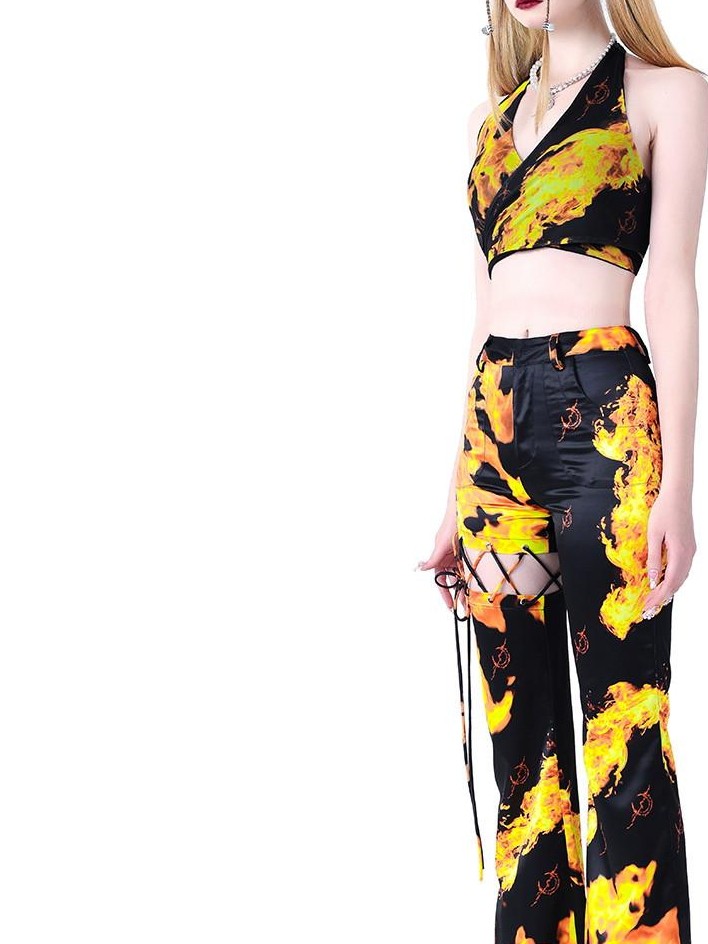 PINKSPINK Flame Lace Up Cutout Asymmetric Tailored Women's Stretch Bootcut Pants