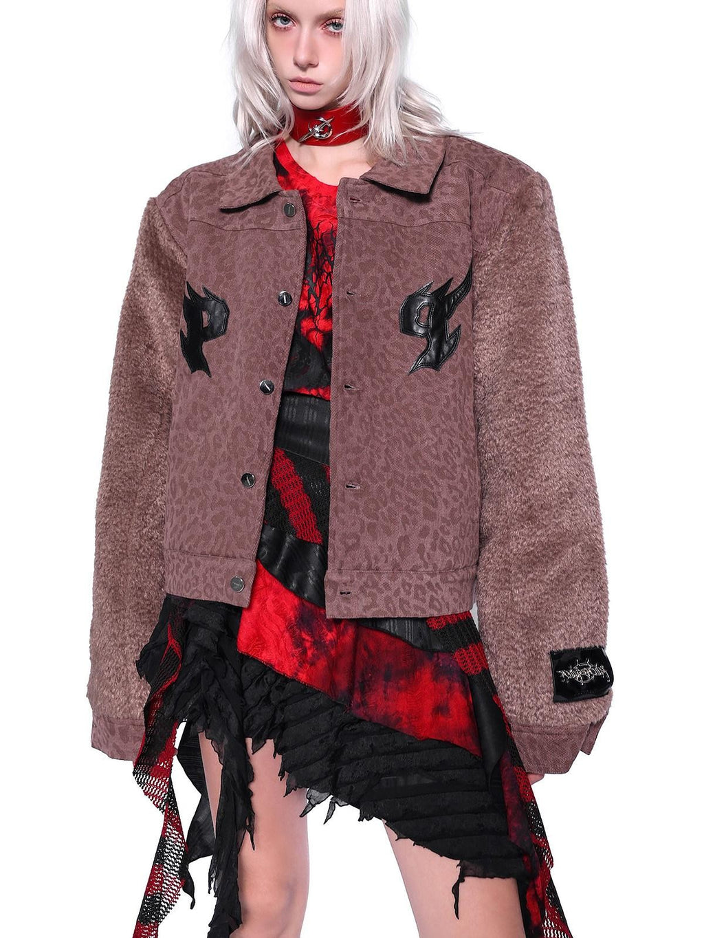 PINKSPINK Flame Leather Embroidered Leopard Patchwork Faux Fur Sleeve Women's Denim Jackets