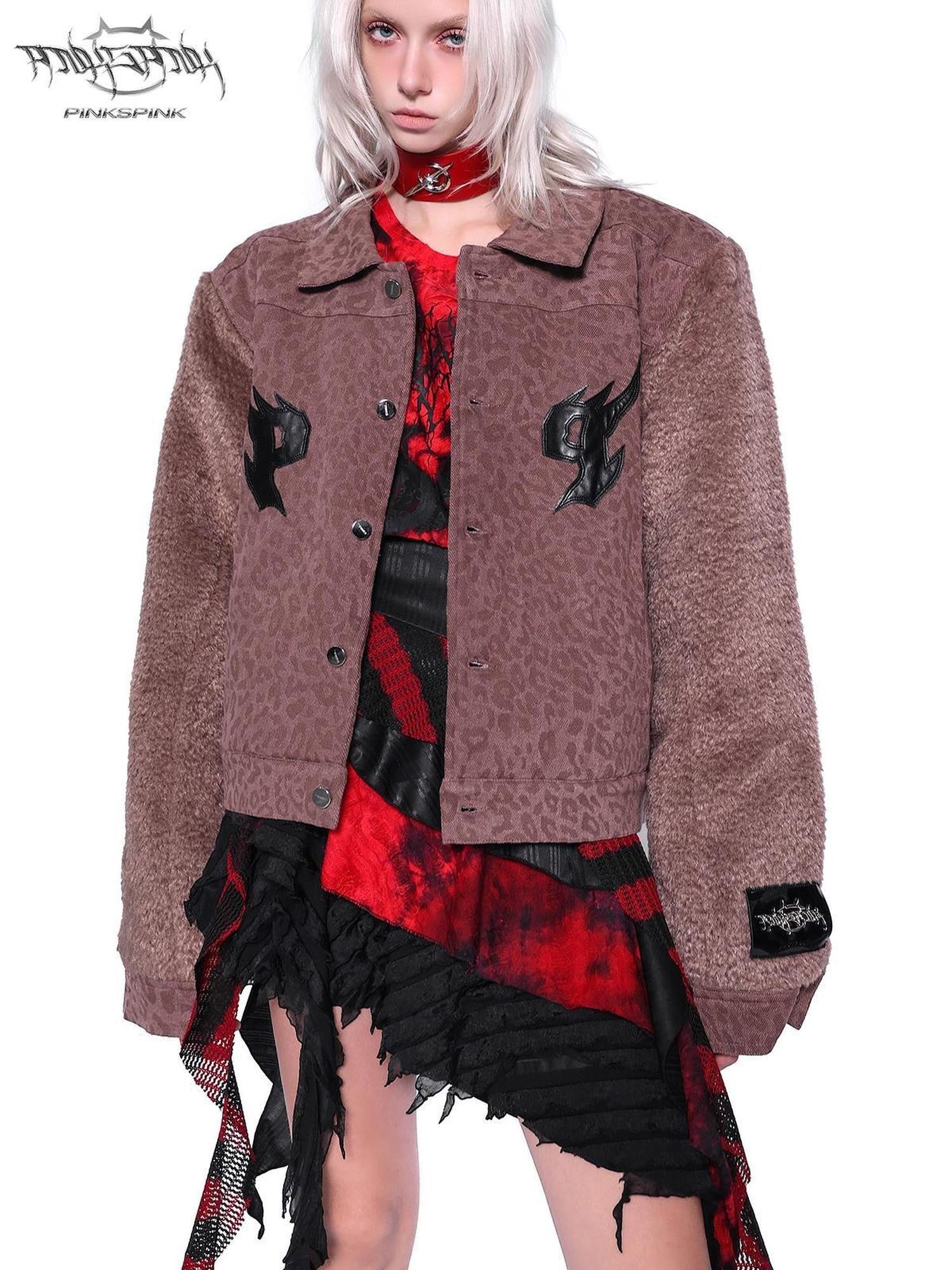 PINKSPINK Flame Leather Embroidered Leopard Patchwork Faux Fur Sleeve Women's Denim Jackets