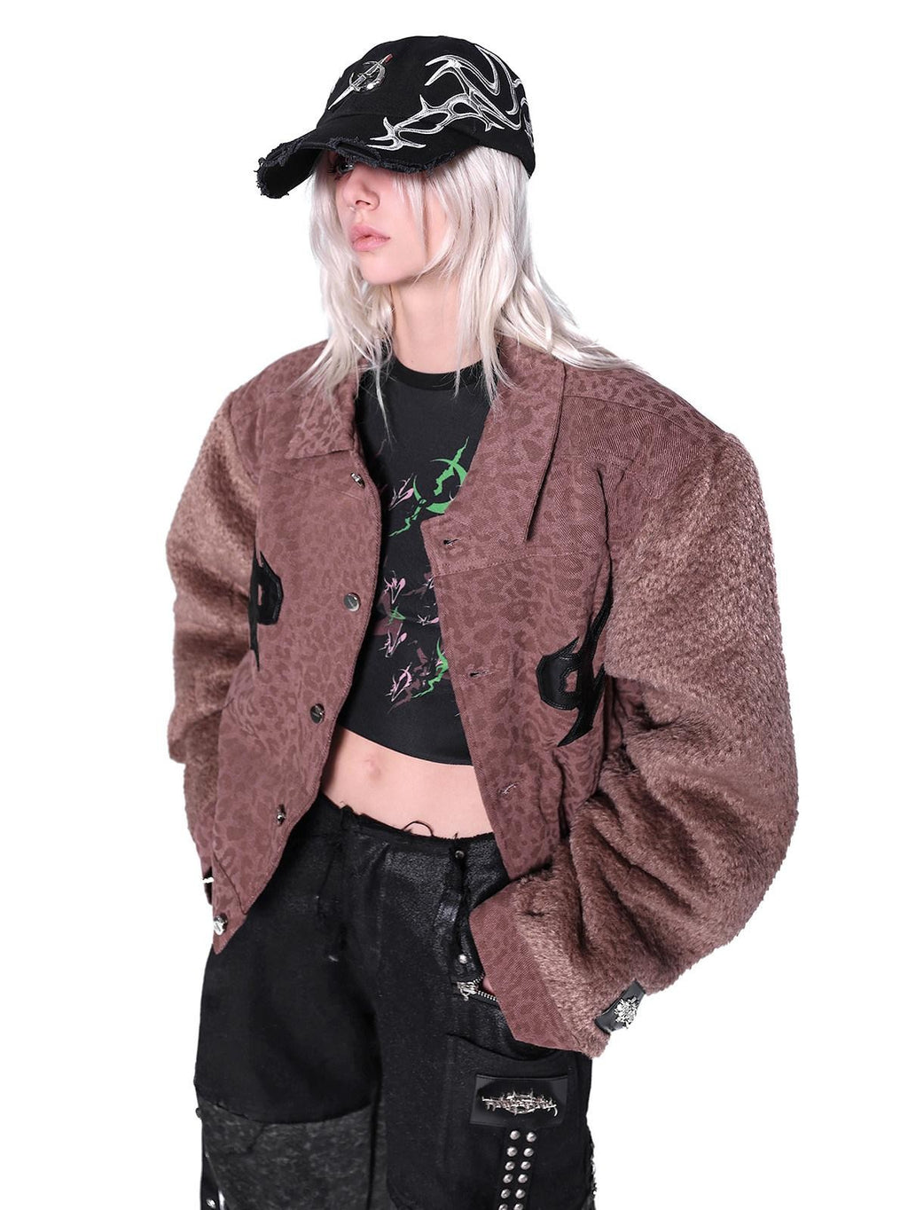PINKSPINK Flame Leather Embroidered Leopard Patchwork Faux Fur Sleeve Women's Denim Jackets