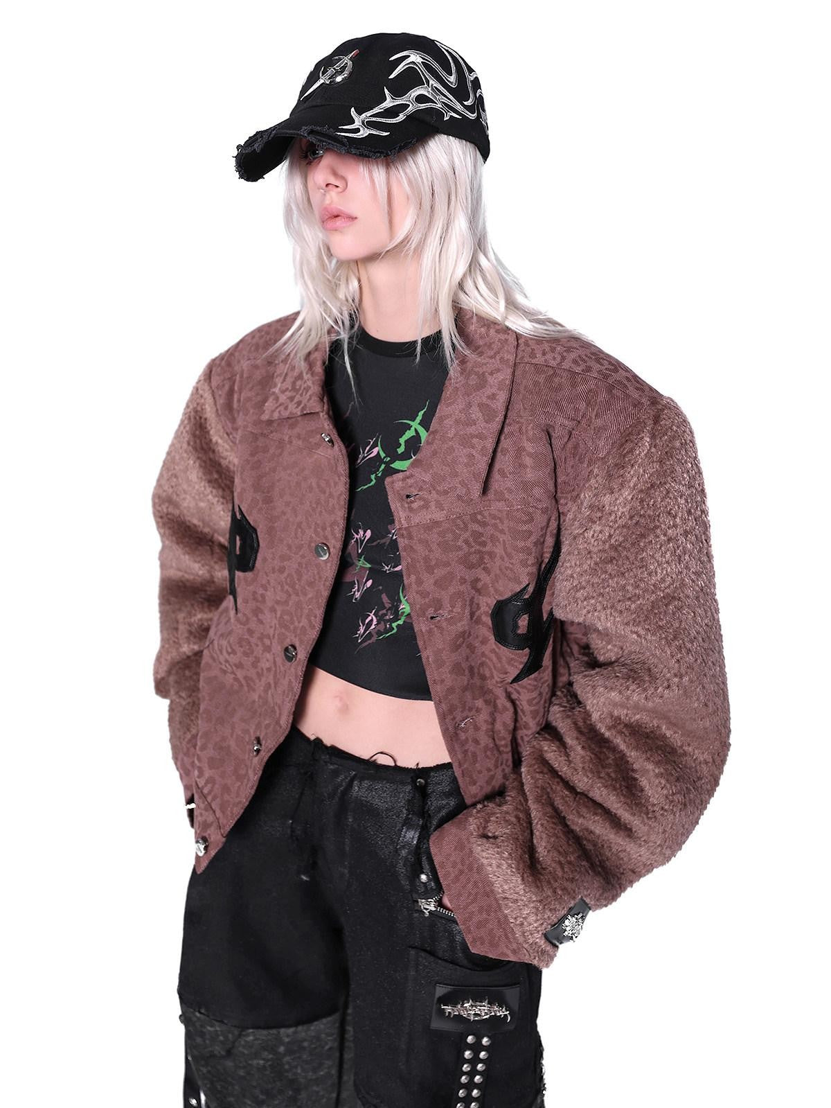 PINKSPINK Flame Leather Embroidered Leopard Patchwork Faux Fur Sleeve Women's Denim Jackets