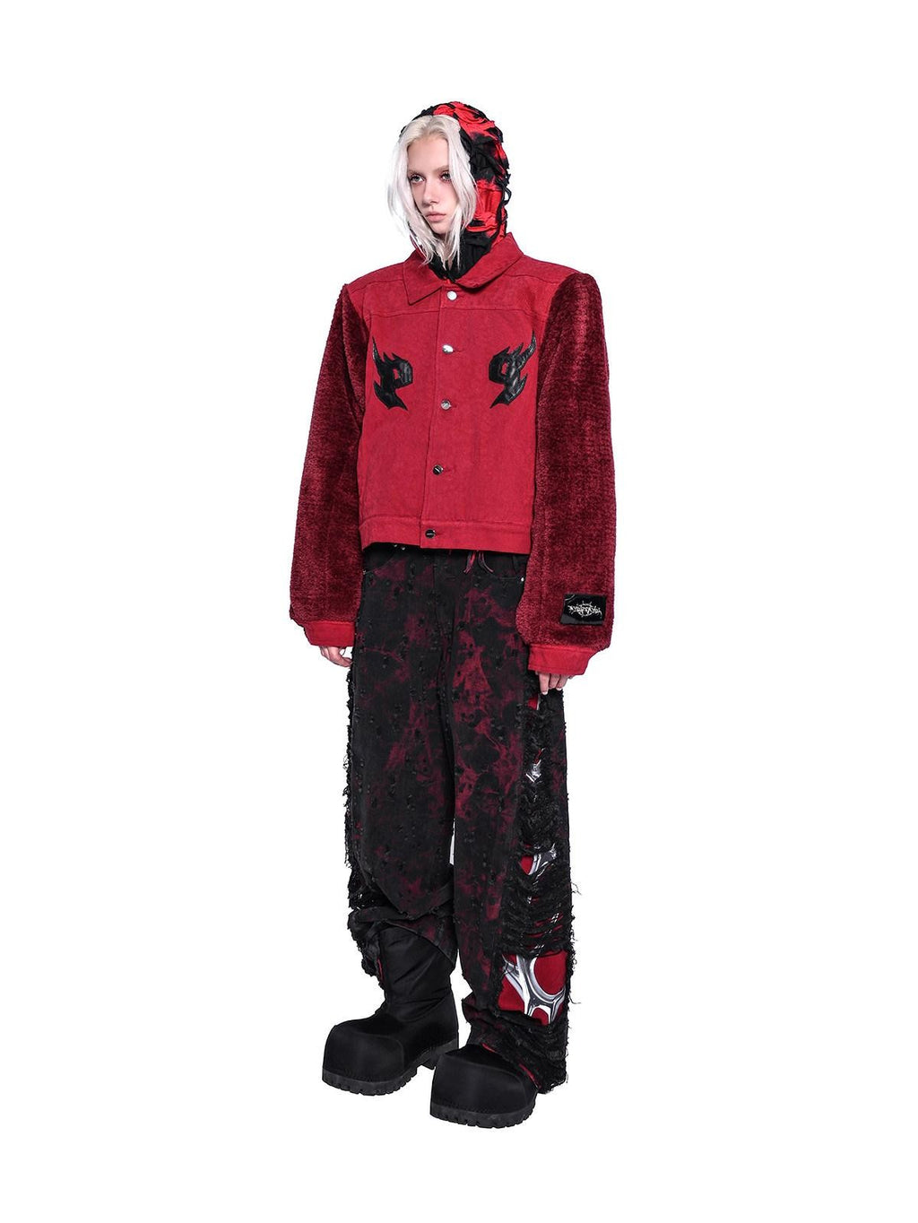 PINKSPINK Flame Leather Embroidered Leopard Patchwork Faux Fur Sleeve Women's Denim Jackets